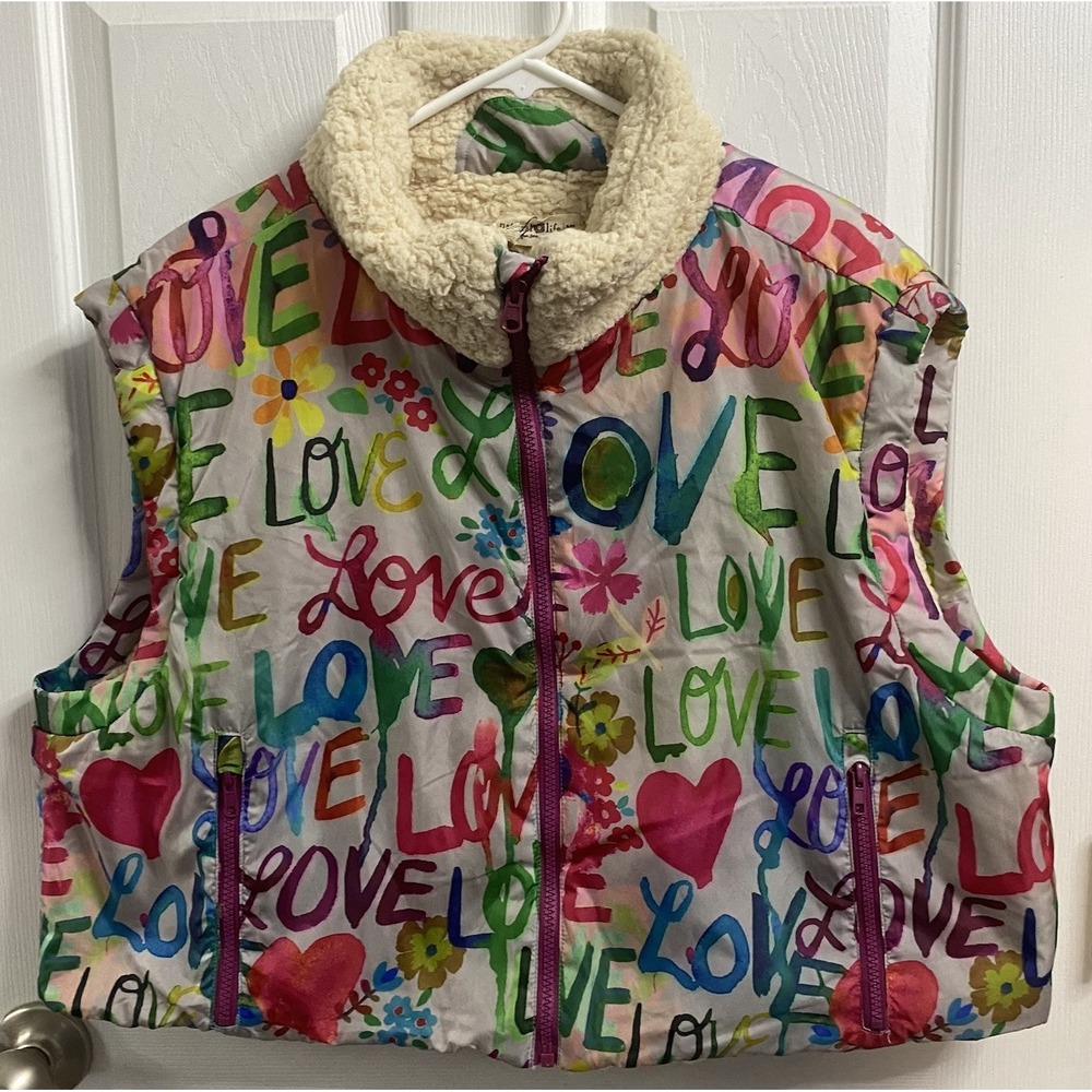Natural Life Women Rainbow Colorful LOVE Reversible Floral Vest Sherpa- NWT-XL
